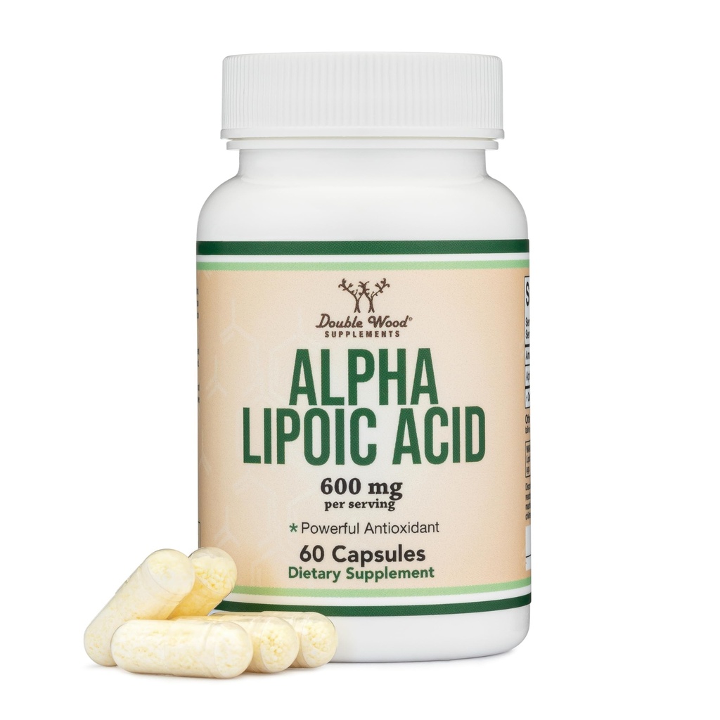 Alpha Lipoic Acid 600 מ"ג לשרת, 60 קפסולות (המפלגה השלישית נבדקה, non-GMO, Gluten Free, Vegan Safe) למניעה של נוירופתיה ו- Cardiovascular Health (ALA תוסף) על ידי Double Wood Wood