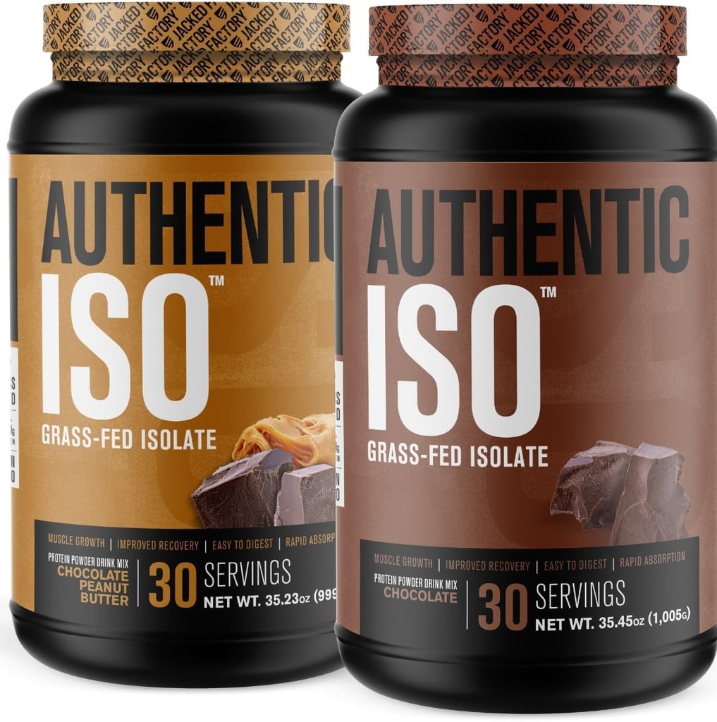 מפעל ג'ק Authentic ISO Grass פד Whey חלבון אבקת Isolate - Low Carb, non-GMO שריר בניית חלבון w / No Fillers (Chocolate Peanut Butter, 30sv) & (Chocolate, 30sv)