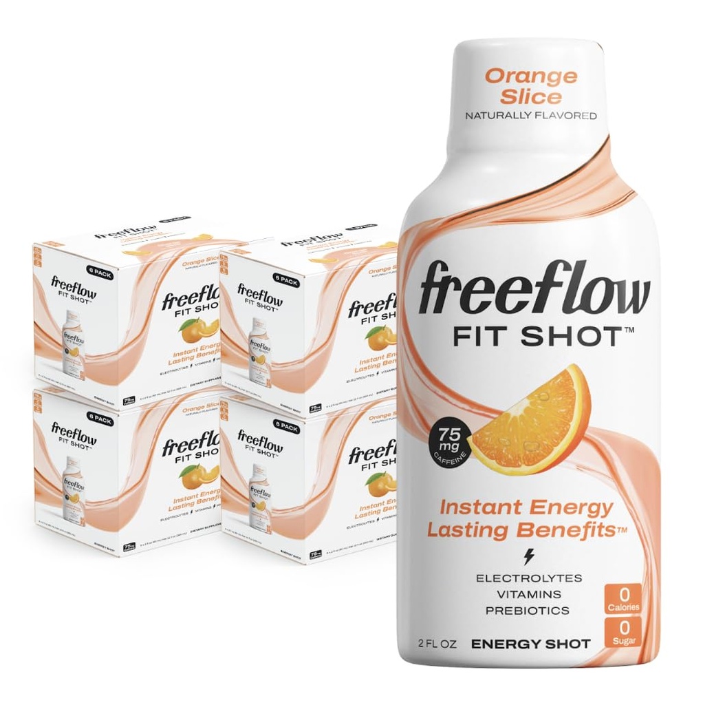 Freeflow Fit Energy Shots, Orange Slice, Natural Caffeine Boost עם L-theanine, גינזנג, ויטמינים, Prebiotics, Electrolytes (24 Count, 2oz Shots)
