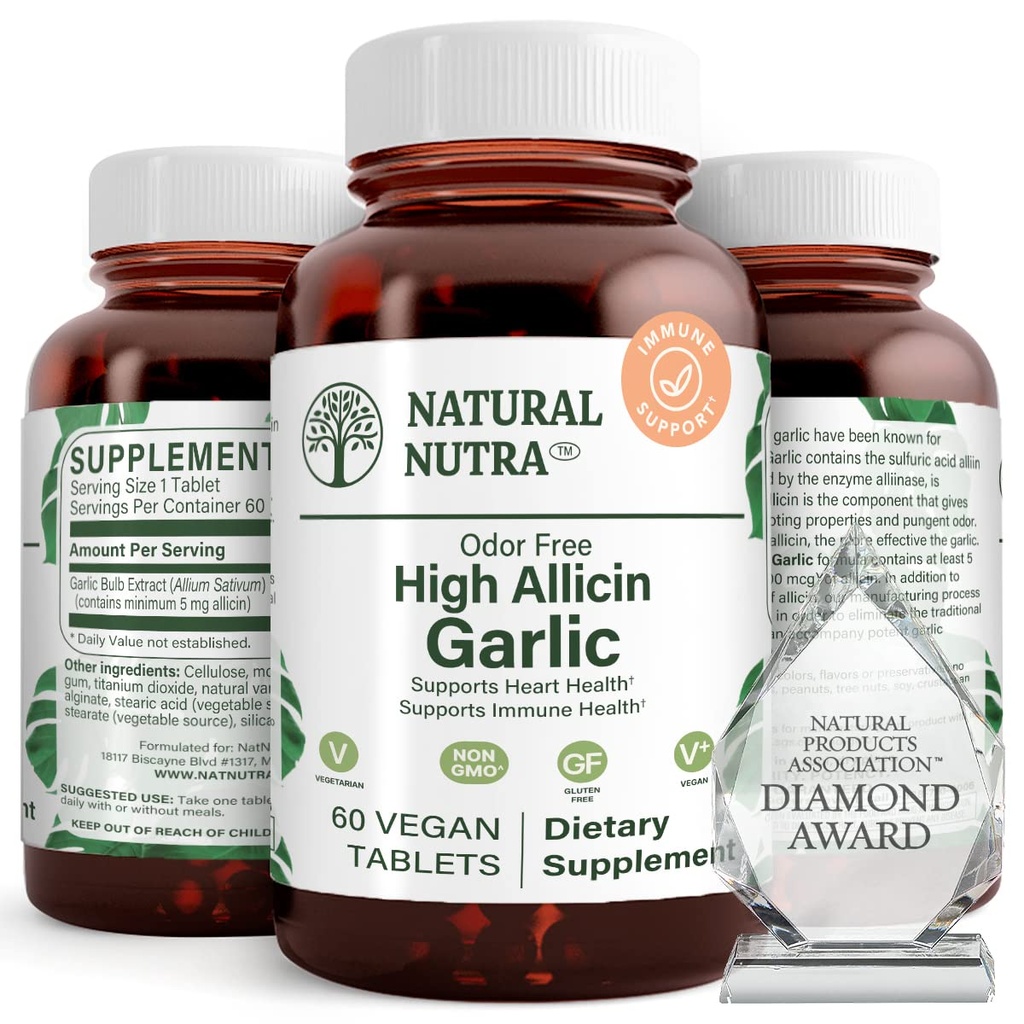 Natural Nutra High Allicin Garlic Supplement, Supports Immune System, Improve Heart Health, Improve Enzymes Health, Better Digestion, Fights Cold and Flu, Vanilla Coating, 500mg, 60 Vegan Tablets