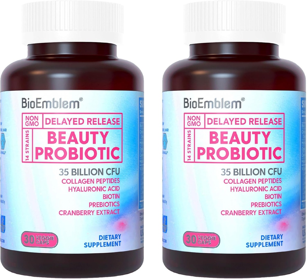 BioEmblem Beauty Probiotics for Women, 35 מיליארד CFU 14 סטרינס עם Biotin, Collagen, Prebiotics for Digestive Health, Hair Skin and Nails, Vaginal Probiotics תוסף, Shelf Stable, 60 Caps