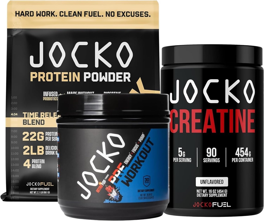 Jocko Fuel Pre Workout, אבקת חלבון, & Creatine Bundle (Pack of 3)