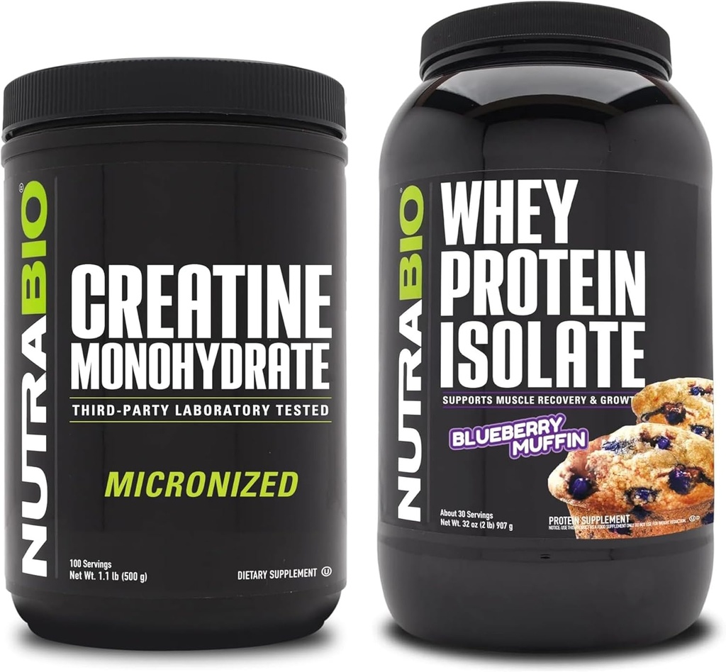NutraBio Creatine Monohydrate, Unflavored, 500g ו Whey חלבונים Isolate, Blueberry Muffin, תוספת Bundle - שריר אנרגיה, Lean Growth, התאוששות וכוח