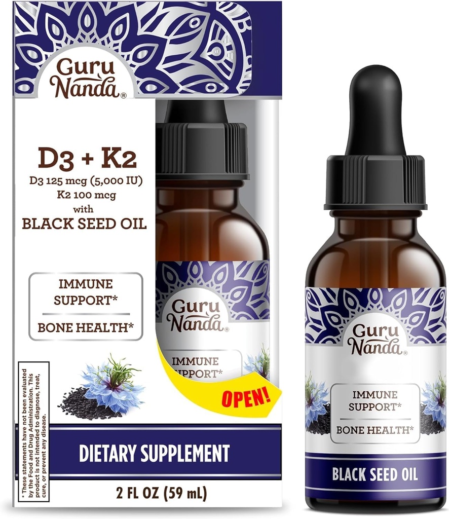 GuruNanda Wellness Bundle: נוזל אשוגנדה עם Bacopa (1 Fl Oz) עבור Focus & הירגעות תמיכה & Black Seed שמן (2 Fl Oz) עם ויטמין D3, K2 & E עבור Immune Boosting - טבעוני & non-GMO