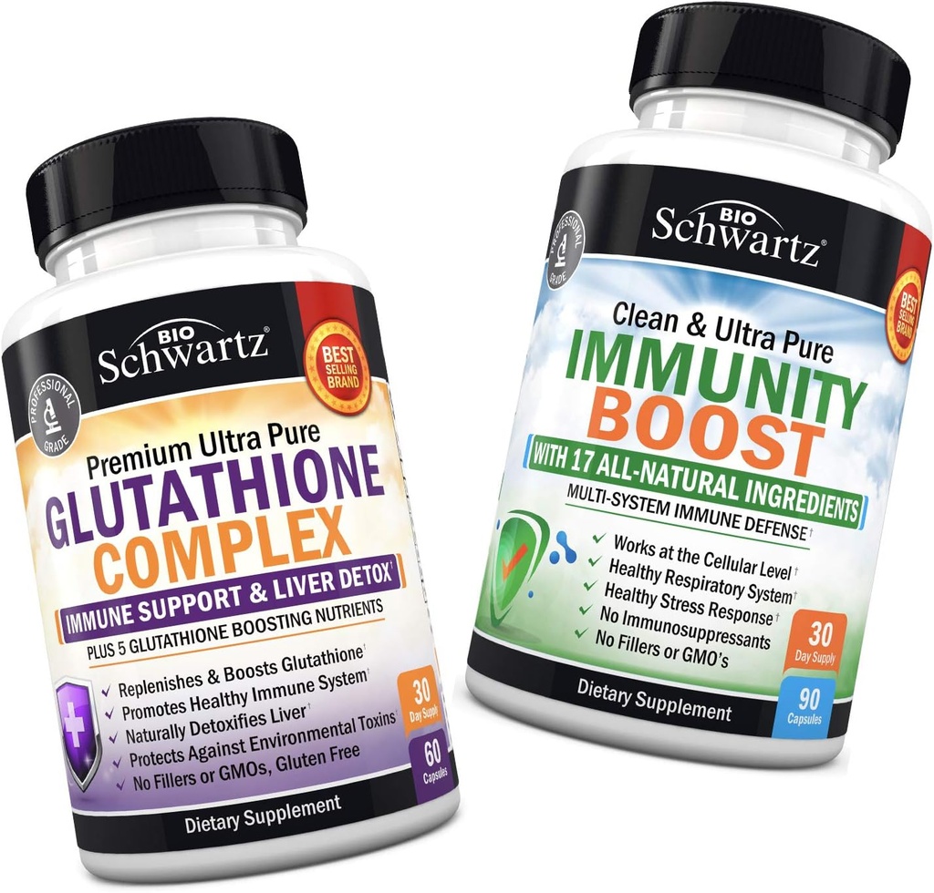 Glutathione Complex with Milk Thistle Extract, ויטמין C & Quercetin + 17-in-1 Immunity Boost תוספת עם Elderberry, ויטמין C, Echinacea & Zinc - מקדם Liver & Immune תמיכה תמיכה