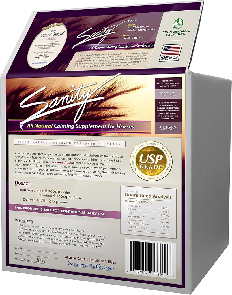 Sanity - Equine Behavioral Calming Focus תוסף עבור סוסים - מגנזיום, Calcium, Zinc, B ויטמינים, Amino Acids, Probiotics, Thiamine, Folic Acid, Niacin, Peppert & More