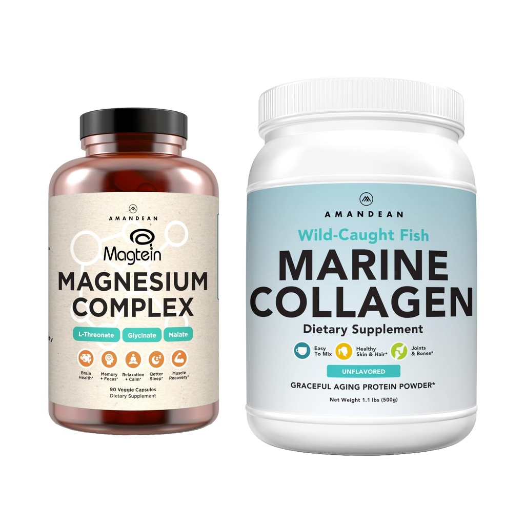 AMANDEAN Premium Magnesium Complex & Marine Collagen Bundle. High-Absorption Magnesium Threonate, Glycinate & Malate. Wild-Caught hydrolyzed Fish Collagen חלבונים. איכות שינה, Skin & Mood