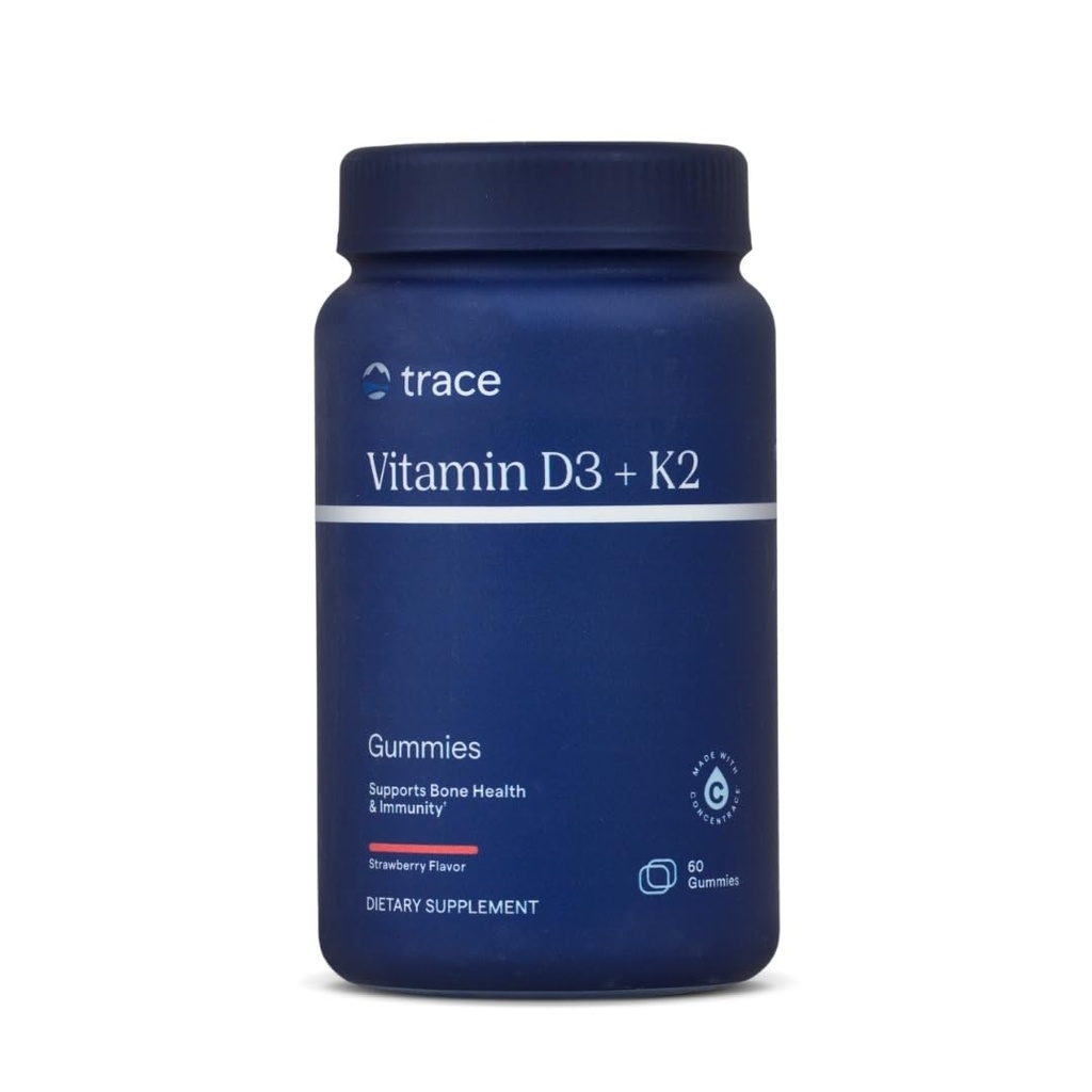 Trace מינרלים | ויטמין D3 + K2 חניכיים | 5,000 IU D3 + 50 mcg K2 | טבעוני, סוכר חינם, Gluten Free, Natural Strawberry Flavor
