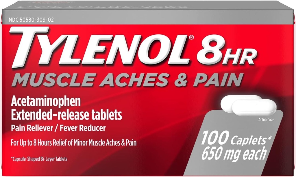 Tylenol 8 Hour כאבי שרירים וכאבים, 100 Count Per Bottle (3 בקבוקים)