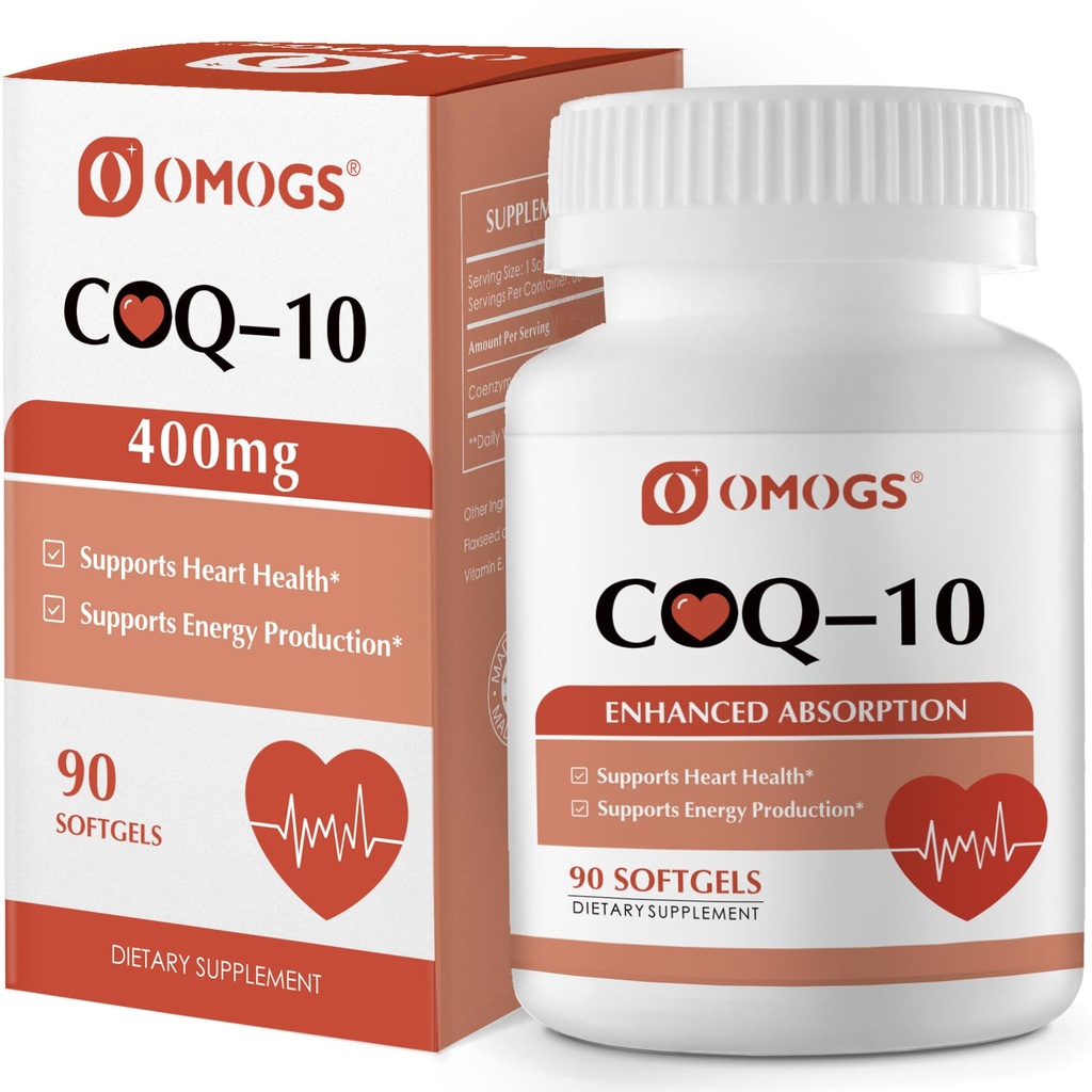 OMOGS CoQ10 400 מ"ג Softgels, Coenzyme Q10 גבוה Absorption תוספי תמיכה בריאות הלב, Cardiovascular Health, Immune System & Energy Production, Gluten Free, 90 Softgels