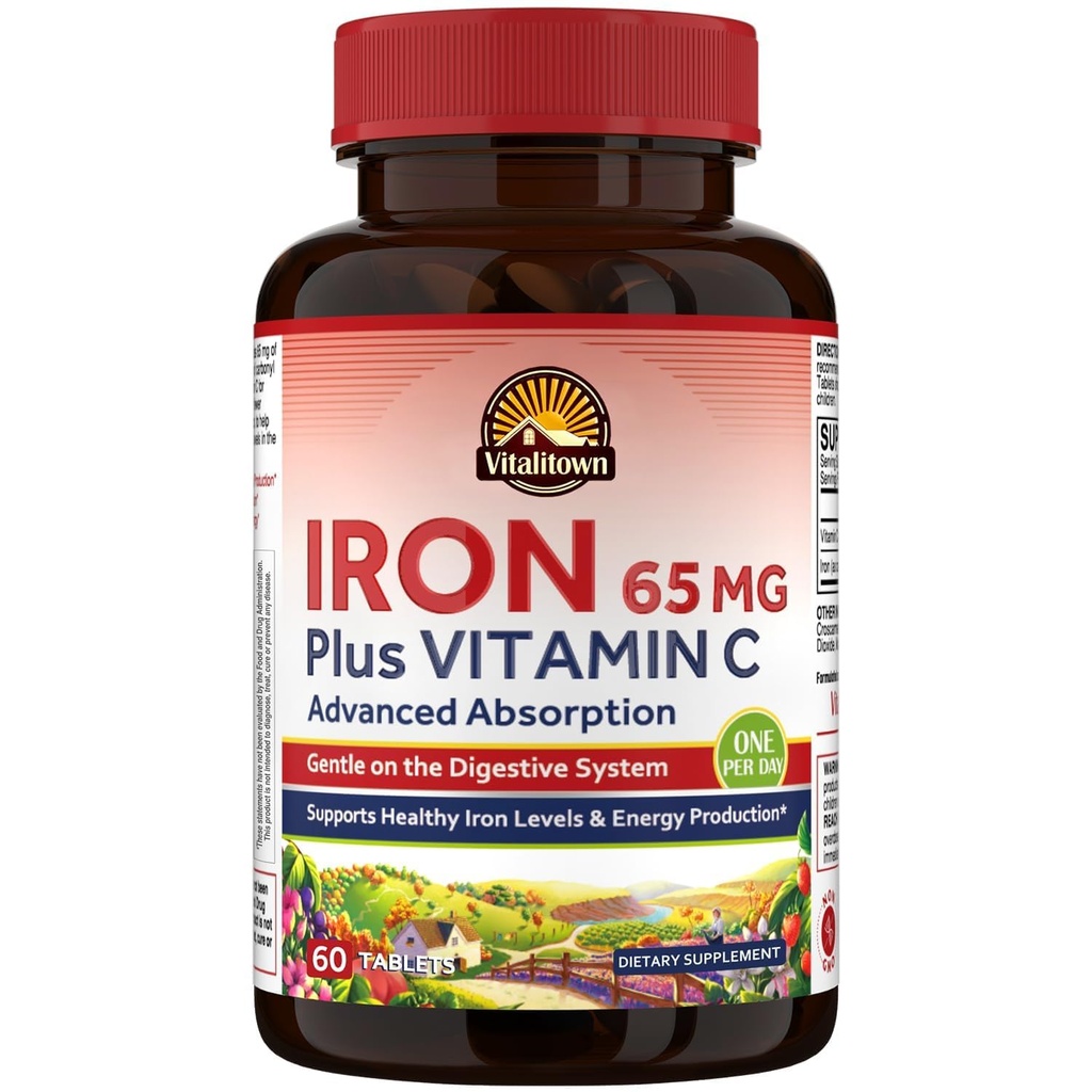 תוספי ברזל Vitalitown עבור נשים גברים, Hign Potency 65 מ"ג ברזל עם ויטמין C 250 מ"ג, פחות קונסטיפציה, יותר טוב עבור בניין הדם & אנרגיה שיפור, No Gluten, non-GMO 60 כדורי ברזל טבעוניים