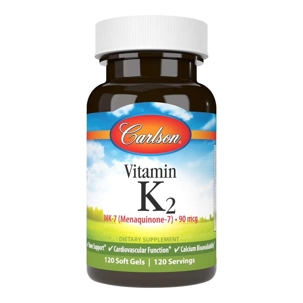 קרלסון - ויטמין K2 MK-7 (Menaquinone), 90 mcg, תמיכה העצם, Calcium Bioavailability, K2 ויטמין K-2, 120 Softgels