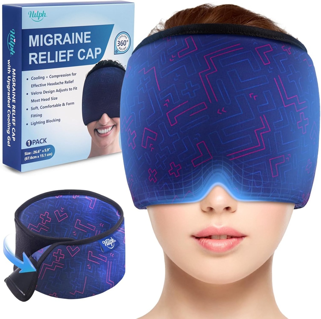 Hilph מכוונן את ה- Migraine Relief Cap with Thickened Gel Cold Compress, Headache Relief Cap, Face Cooling Mask Gel Head Wrap for Tension, Stress & Hangover, Soothing Gifts for Women Men Blue