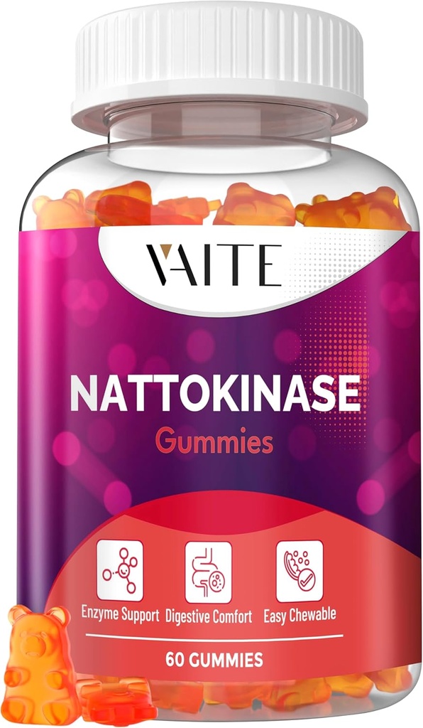 VAITE Nattokinase תוסף 2000 FU (Fibrinolytic Units) 100 מ"ג - תוסף Enzyme, פורמולה טבעונית, תמיכה בריאות, כוח כפול, non-GMO, Soy Free, Gluten Free, 60 חניכיים צמחוניות