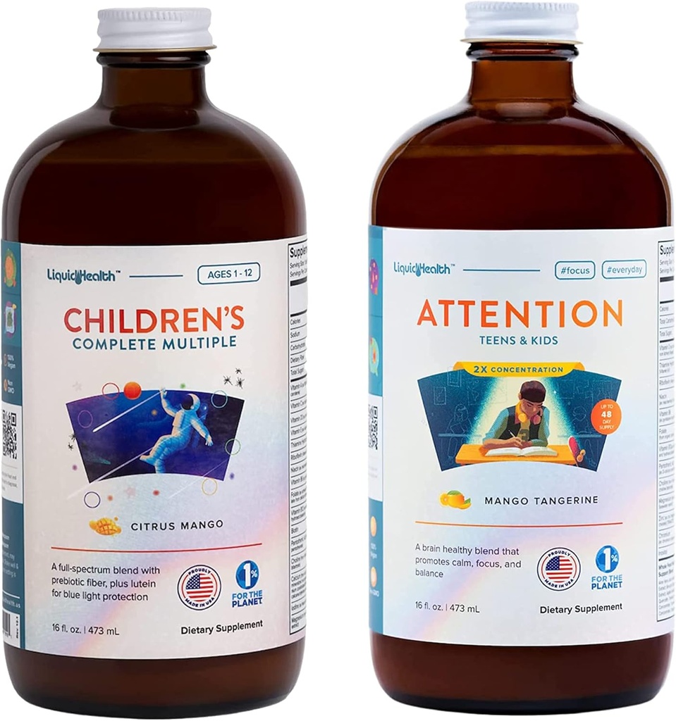 LIQUIDHEALTH Children's Complete Multivitamin & Attention Teens & Kids נוזל ויטמין Bundle לילדים - תמיכה חיסונית, שיפור להתמקד, ריכוז, Boost Mood - טבעוני, non-GMO, מיוצר בארה"ב