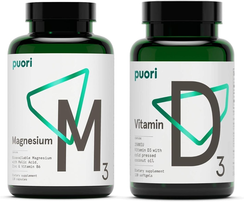 Puori ויטמין D3 ו- Magnesium Zinc תוסף Bundle עבור תפקוד שרירים בריא, בריאות העצם, תמיכה בשומן ו- Calcium Uptake- non-GMO ו- Gluten-Free