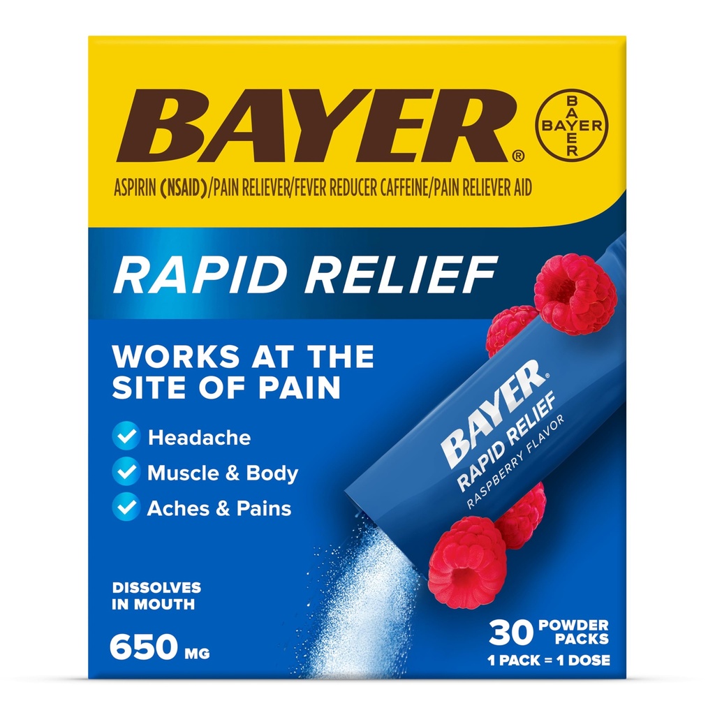 Bayer Rapid אבקת הקלה Packs with Aspirin & Caffeine, Dissolvable Fast Acting Pain Relief for Headache, שריר וכאב גוף, Raspberry Flavor (Packaging עשוי להשתנות), חבילת של 3 x Count 10