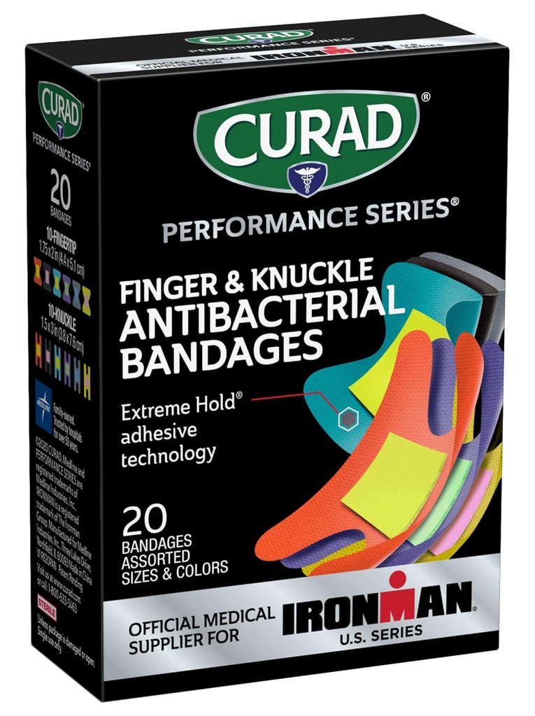 CURAD Performance Series IRONMAN Antibacterial Bandages, Extreme Hold Adhesive Technology, Finger & Knuckle Bandages, בד גמיש, Variety Pack עם גודלים וצבעים, הרוזן 20