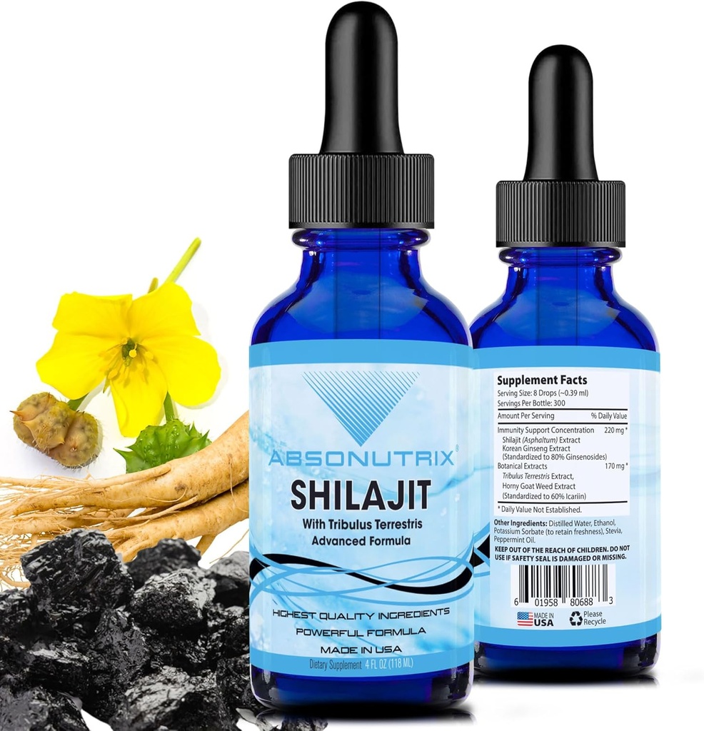 Absonutrix Shilajit עם Tribulus Terrestris 390 מ"ג, 4 Oz נוזל, 300 משרתים, מיוצר בארה"ב, Quick Absorption, Quality Potent Ingredients, Non-GMO, GMP Certified Facility, Cruelty-Free Products