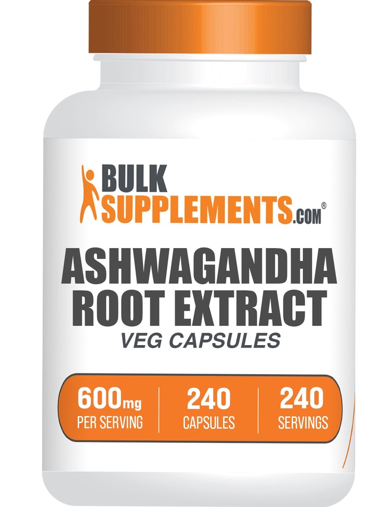 BulkSupplements.com Ashwagandha Root Extracts - Ashwagandha 600 מ"ג, Ashwagandha שורש קפסולות, טבעוני וגלוטן חינם, 1 קפסולות לשרת, 240 קפסולות Veg