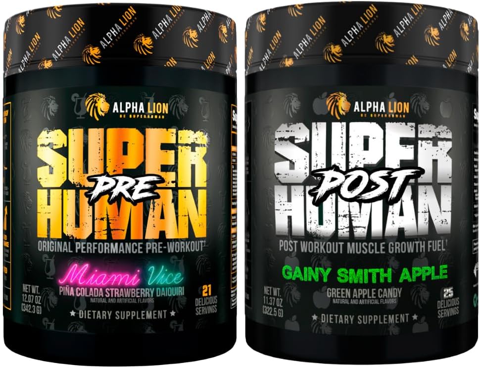 ALPHA LION Superhuman Pre Workout אבקת & Post Workout Recovery Bundle (Miami Vice & Gainy סמית אפל)