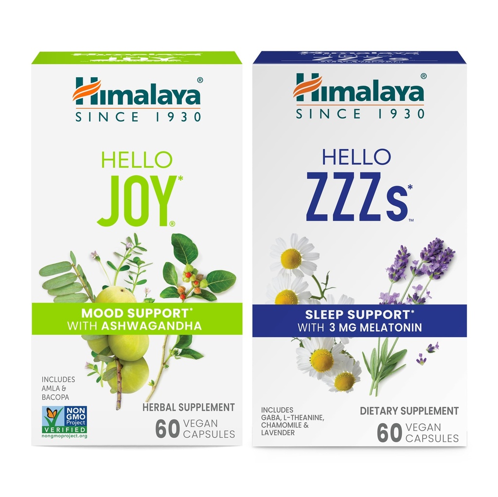 ההימלאיה Hello Joy with Ashwagandha לשיפור Mood and Spirits & Hello Zzzs with Melatonin for Sleep Support, 60 קפסולות לכל אחד - Bundle