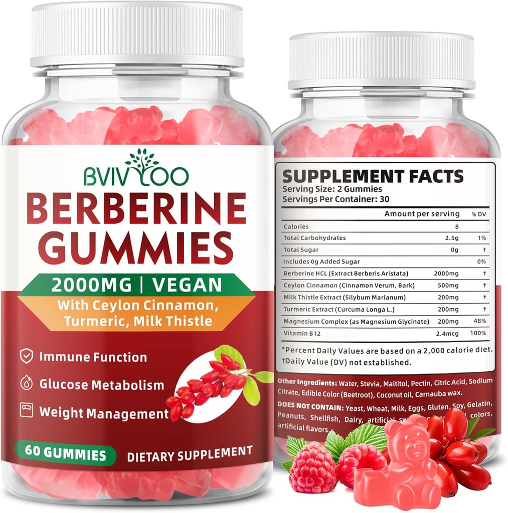Premium Berberine Gummies, 2000 מ"ג High Potency Berberine HCI תוסף, Plus Ceylon Cinnamon, Milk Thistle for Women & Men, Immune System & Metabolism Support - 60 מסטיקנים