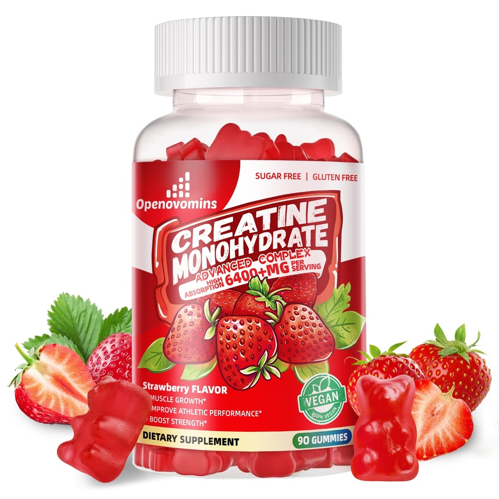 Creatine Monohydrate Gummies Complex for Men & Women - מתקדם פורמולה W / L-Taurine + ויטמין B12, סוכר חינם צ'יפות, 90 Strawberry חניכיים