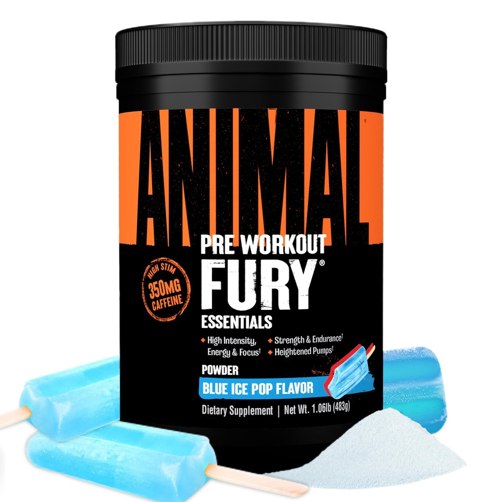 Animal Fury Pre Workout אבקת - Blue Ice Pop, 350 מ"ג קפאין, BCAA Amino Acids, 2g Beta Alanine, Citrulline & Tyrosine, Energy, Focus, Power, Endurance, Preworkout for Men & Women, 30 משרתים