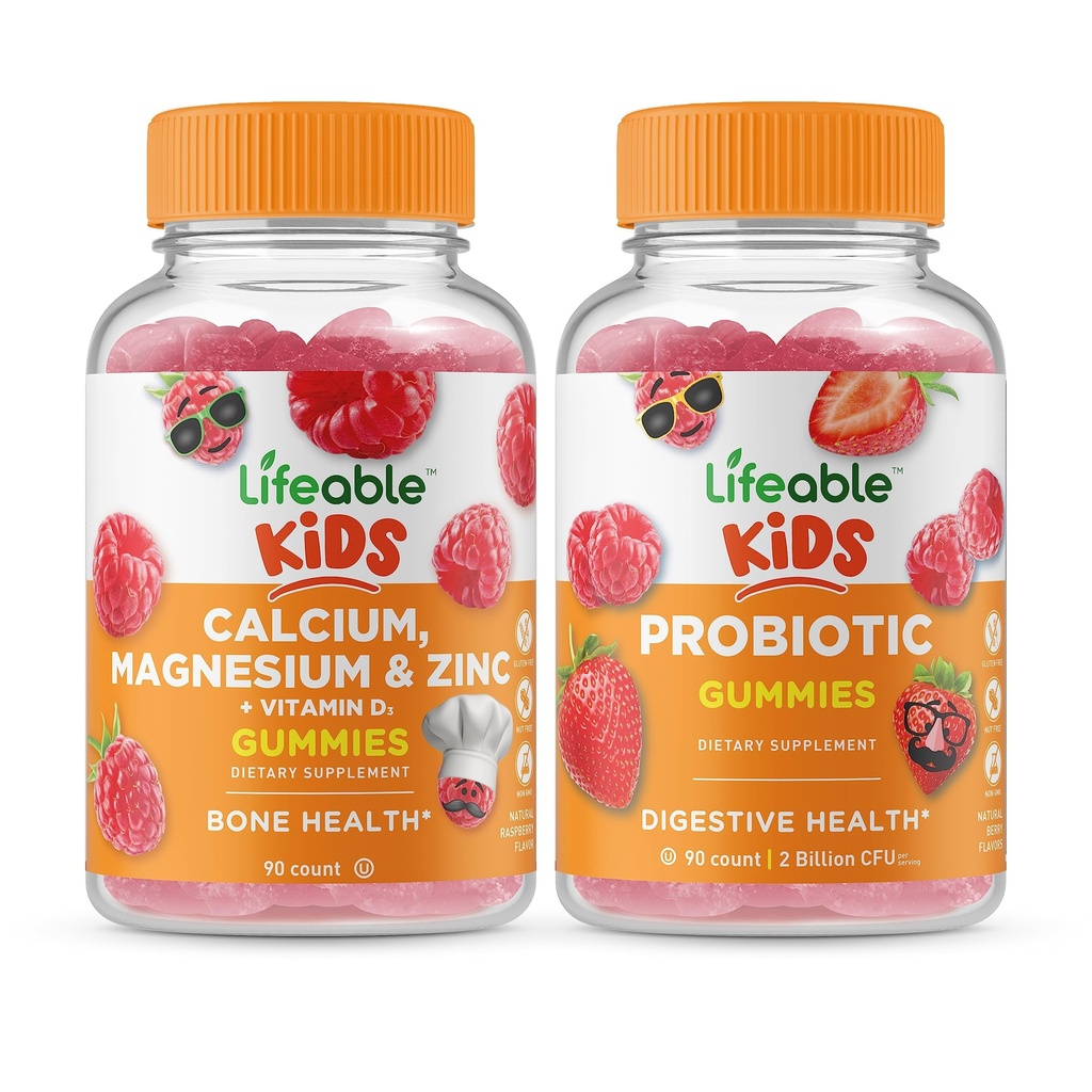 Lifeable Calcium Magnesium & Zinc Kids + Probiotic 2 מיליארד ילדים CFU, חניכיים Bundle - גדול Tasting, ויטמין, Gluten Free, GMO חינם, Chewable Gummymymymy