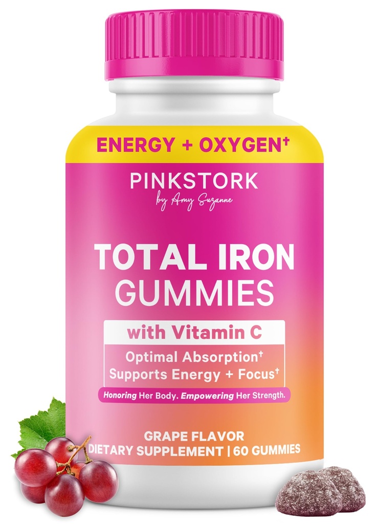 Pink Stork Prenatal ברזל תוספת חניכיים לנשים - 20 מ"ג עם ויטמין C - Grape Chewable for Deficiency, Energy, & Blood Builder - 60 מסטיק צ'אוס