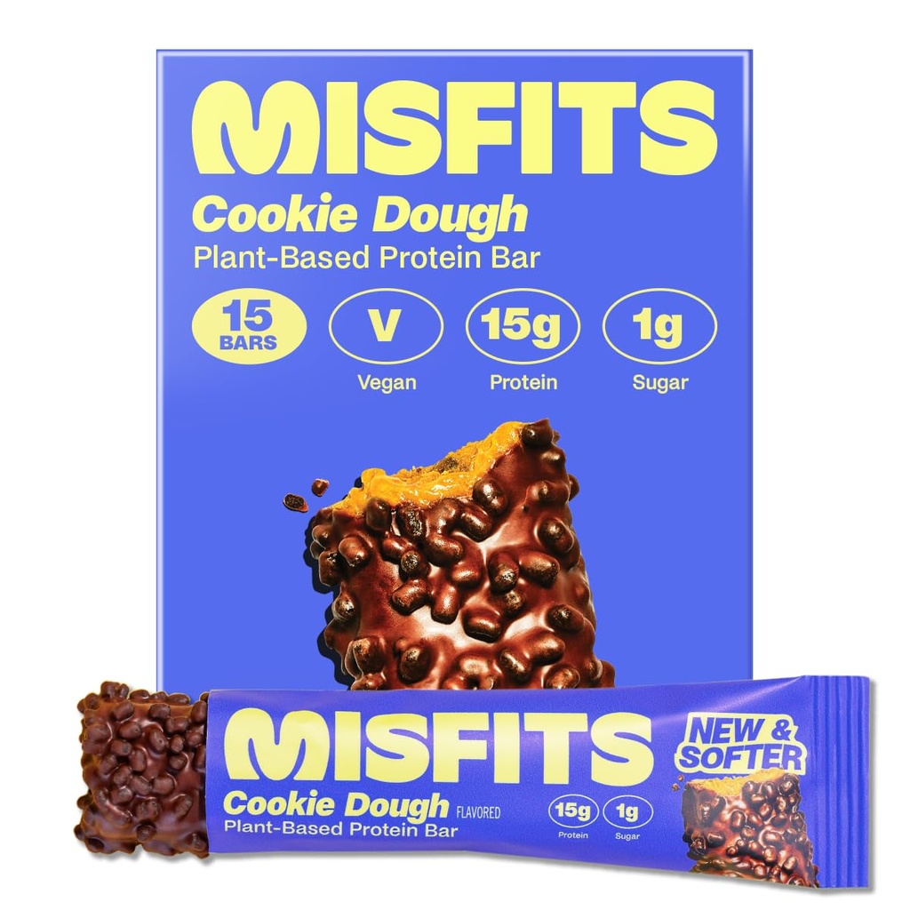Misfits חלבון טבעוני Bars, Cookie Dough - מתכון מעודכנת: צמחי מבוסס, סוכר נמוך ופחמימות, חטיפים סיבים גבוהים