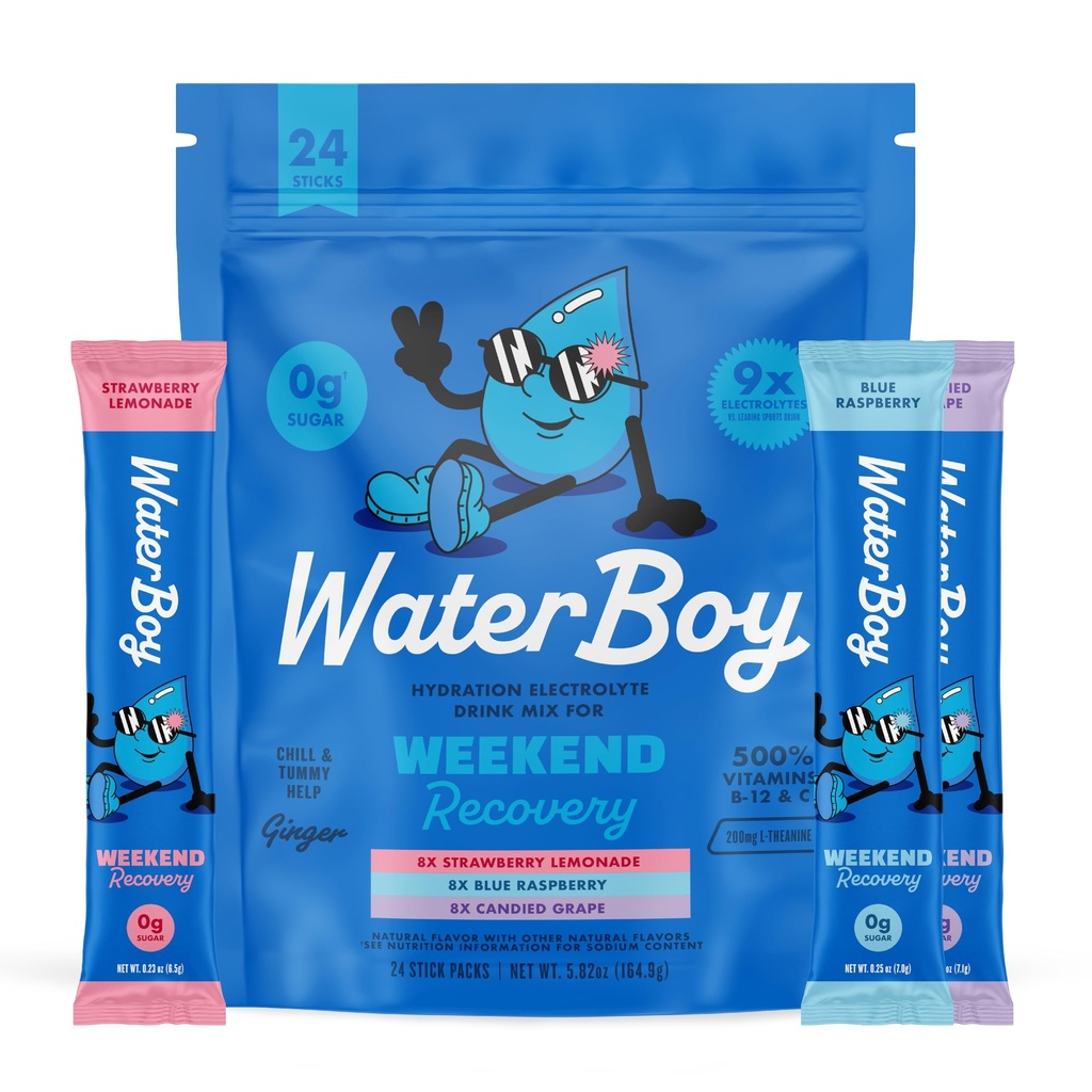 Waterboy Weekend Vari Recoveryety 3,200 מ"ג אבקת Packets | ג'ינג'ר + L-theanine + ויטמינים | No Sugar, All Natural, Gluten Free | 24 שתי מדבקות (Variety Pack)