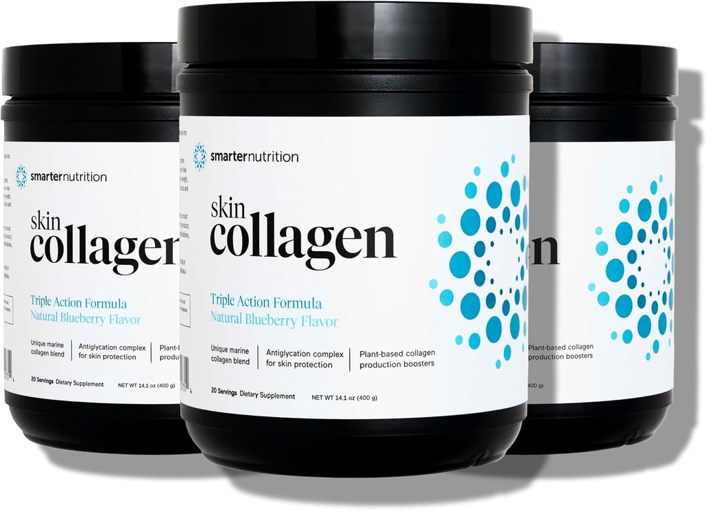 SMARTERNUTRIT Marine Collagen - סוג 1 ו 3 פפטידים עם צמחי אנטי-חמצן לבריאות העור - ויטמין E & C, תה ירוק, אבקת ברי, Quercetin - (60 משרתים (Pack of 3))