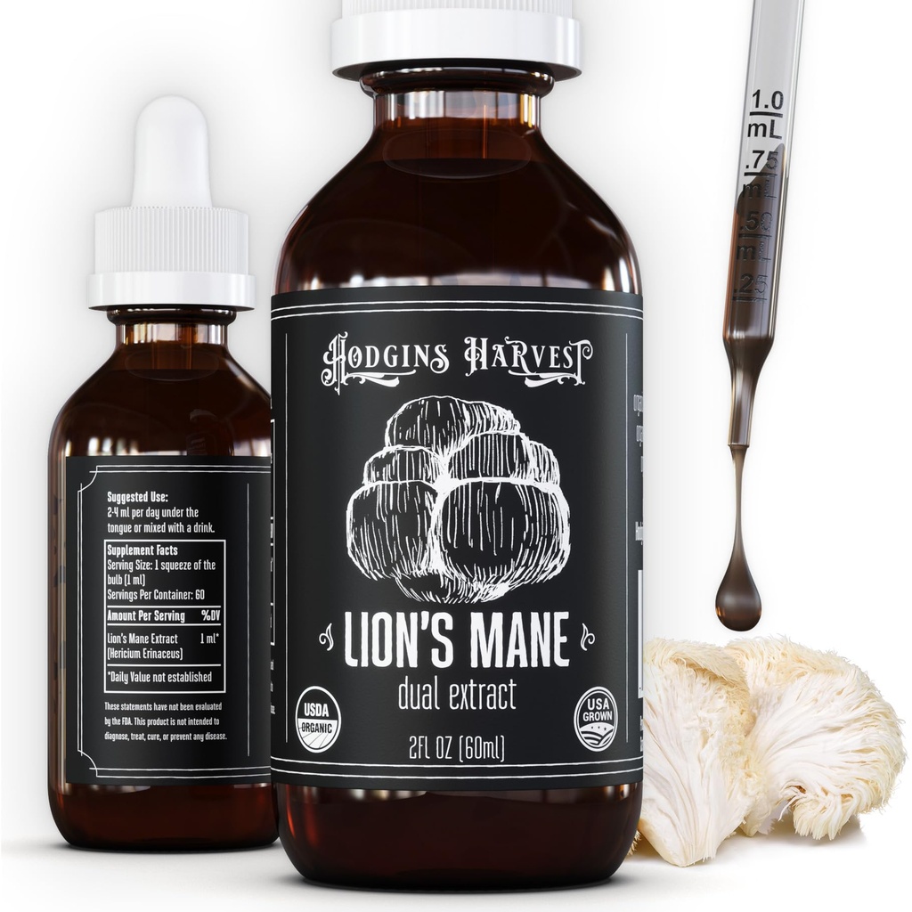 הודג'ינס קצירת הגוף של אריה אורגני לחלץ את Tincture - תוסף Mushroom לבריאות המוח והתמקדות נפשית - כפול פלט פורמולה - תוספת ריכוז - 2 ozבק