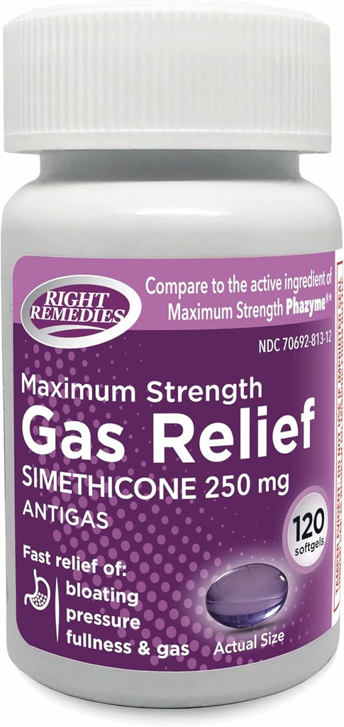 כוח מקסימלי של גז, Simethicone 250 מ"ג, (120 Softgels), הקלה מהירה מגז, Bloating, Fullness, Painful Discomfort, לעומת כוח מקסימלי Phazyme Active Ingredient