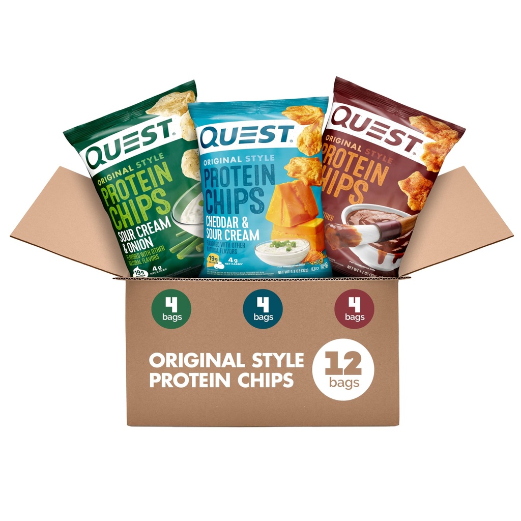 חלבון תזונה צ'יפס Variety Pack, BBQ, Cheddar & Sour Cream, Sour Cream & Onion, חלבונים גבוהים, פחמימות נמוכות, 1.1 oz (Pack of 12)