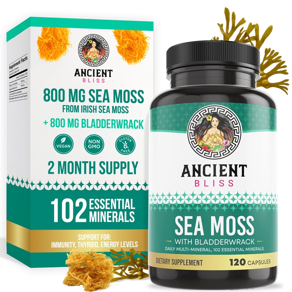 האותיות הקטנות של Bliss Organic Sea Mos Pills - Dr Sebi Wildated Seamos כמוסות - Thyroid, Skin & Gut Support
