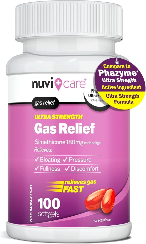 סיוע גז חזק - Simethicone 180 מ"ג Softgels - Anti Gas and Bloating Relief - בהשוואה לרכיב הפעיל ב- Phazyme Anti Gas Pills - Stomach Gas for Adults Count (100)
