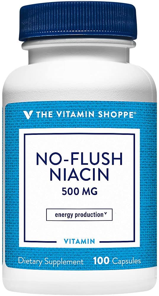 The Vitamin Shoppe No Flush Niacin 500MG, Supports Cholesterol Levels Already Within The Normal Range, Supports Metabolism & Energy Production, Once Daily (100 Capsules)