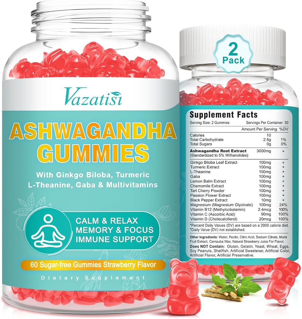 2 Pack Ashwagandha Gummies עם Turmeric GABA Mood אנרגיה ותמיכה Immune, Strawberry Flavor 120 Cts