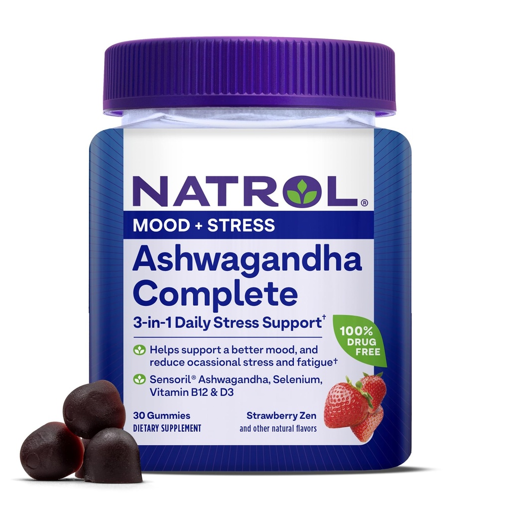 Natrol Ashwagandha Complete Gummy, 3in-1 Daily Stress Support, תומך Better Mood, מצמצם את הלחץ Occasional ו Fatigue, 30 חניכיים, עד 15 יום אספקה