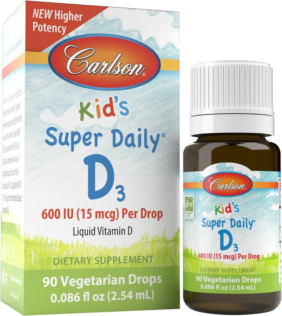 Super Daily D3 של קרלסון, 600 IU (15 mcg) ל Drop - ויטמין נוזלי D טיפות לילדים, 90 טיפות (2.54 mL), Vegetarian, Unflaved
