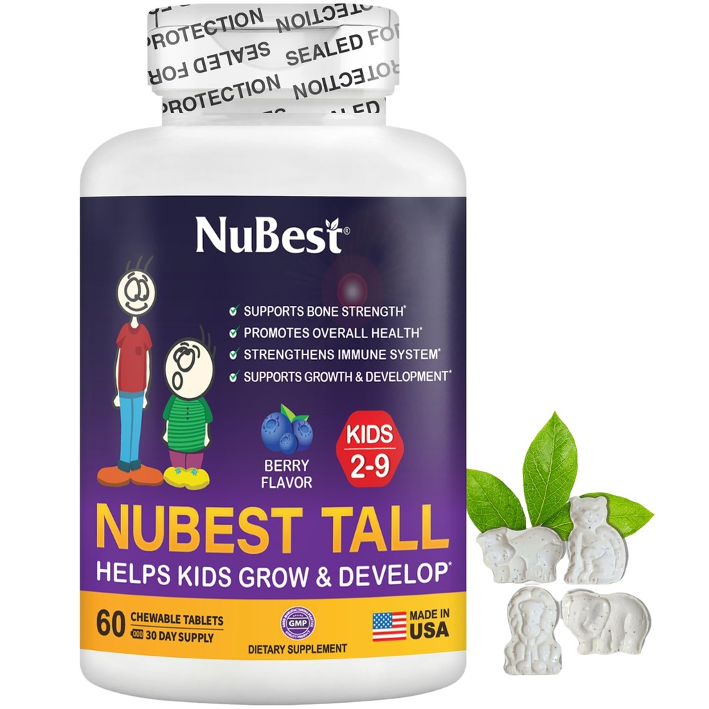 Nu Best Tall Kids - Multivitamins & מינרלים עבור גיל 2 עד 9 - תמיכה בעצמות העצם ואינטימיות - עוזר לילדים, טודלרים בריאים - צורות בעלי חיים - 60 טבליות צ'וגבל | 1 חודש אספקה