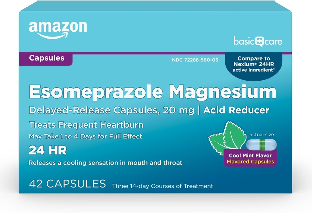 טיפול בסיסי Esomeprazole Magnesium Delayed-Release קפסולות 20 מ"ג, Acid hydror, Cool Mint, 42 Count (3 Packs of 14)