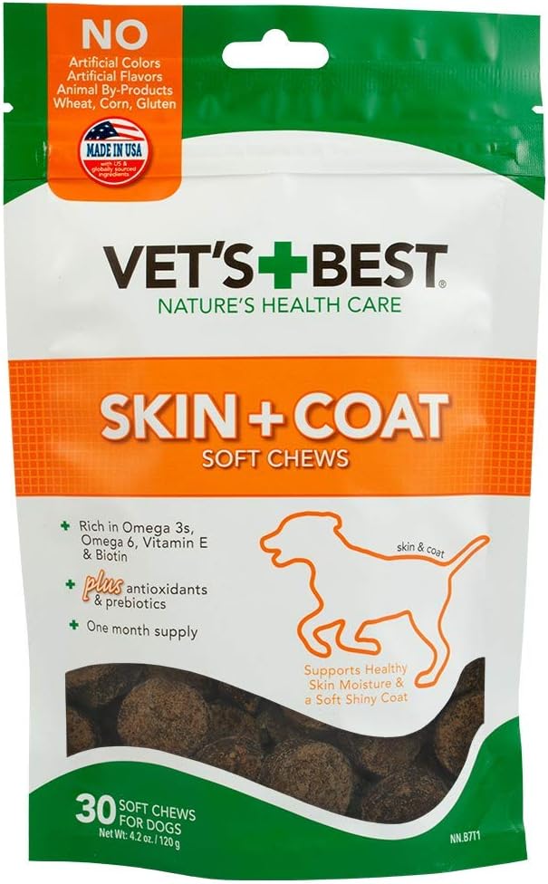 Vet's Best Skin & Coat דוגמיות - פורמולה עם ויטמין E ו- Biotin כדי לשמור על כלבים בריאים עור וכובע - 50 טבליות Chewable