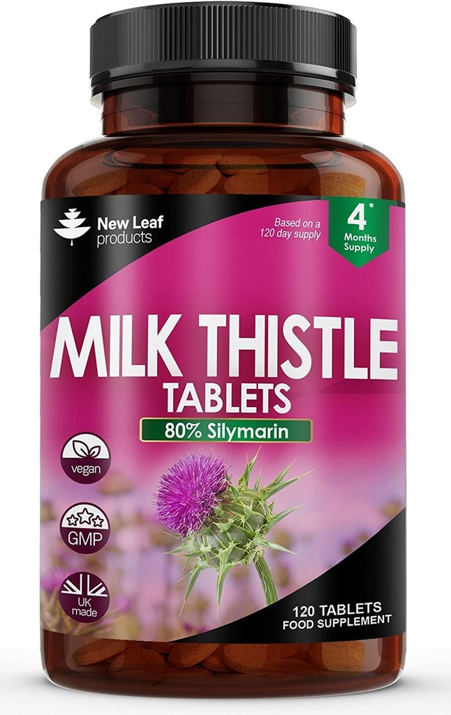 New Leaf Products Milk Thistle 1000 מ"ג טבליות (4 חודשים אספקה) כוח גבוה 2000 מ"ג 80% Silymarin, טבליות טבעוניות, GMO-Free, Gluten-Free 120 טבליות
