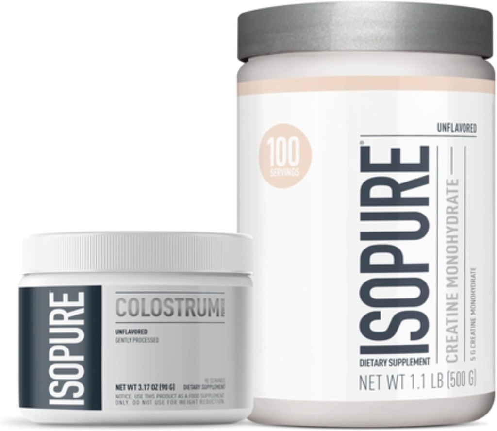 Bundle של אבקת תוסף Isopure Bovine Colostrum, לעיבוד Gently, 90 משרתים + Isopure Unflavored Creatine Monohydrate אבקת, 5g Creatine Monohydrate per Scoop, 100 משרתים, 500gggure Unflavorated Creatine Monohydrate אבקת, 5g Creatine Monohydrate per Scoop, 100 משרתים, 500