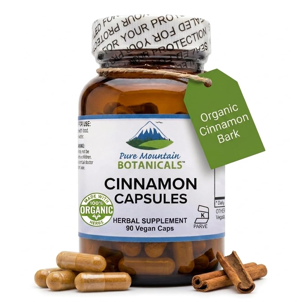 Pure Mountain הבוטניs Cinnamon כמוסות - כריות טבעוניות כשרות עם 1000 מ"ג של נוזל קאסיה Cinammon Bark תוסף