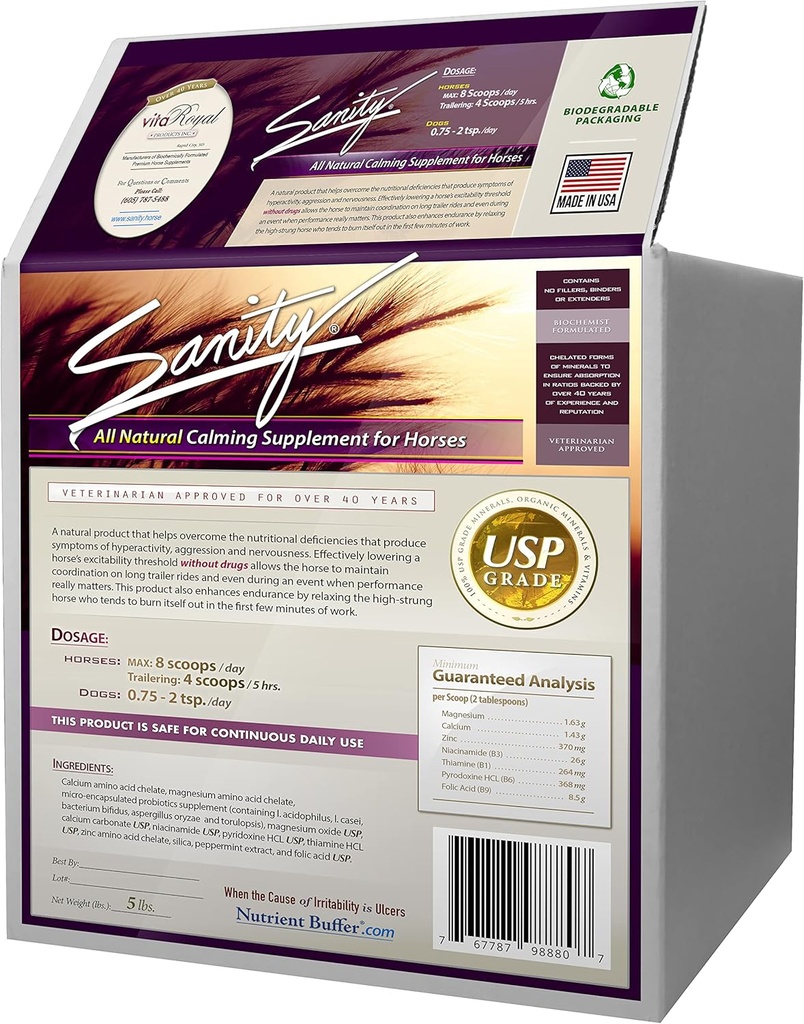 Sanity - Equine Behavioral Calming Focus תוסף עבור סוסים - מגנזיום, Calcium, Zinc, B ויטמינים, Amino Acids, Probiotics, Thiamine, Folic Acid, Niacin, Peppert & More